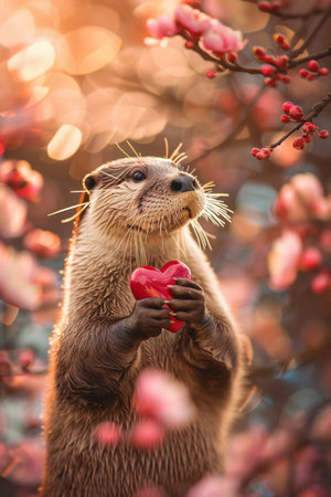 Otter holding heart, wide-eyed, soft focus, dreamy bokeh flowersの素材