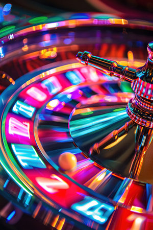 Roulette wheel spinning, close-up, dynamic lights, casino excitement, colorful details.の素材