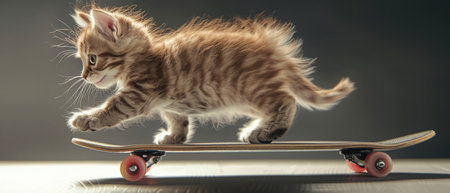 Kitten on skateboard, dynamic motion, stylized fur, side perspective.の素材