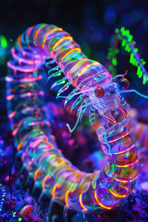 Silicon-carapaced centipede, neon stripes, coiling around neon cyber-coils.の素材