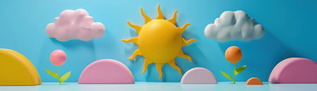 sun, background, 3D render clay style, Abstract geometric shape theme, colorful.の素材
