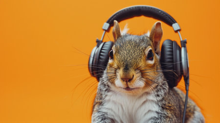 Squirrel with headphones, bright orange backdrop, high key lighting, front-facingの素材