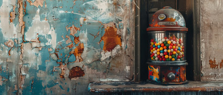 Vintage gumball machine, rustic wall, nostalgic tone.の素材
