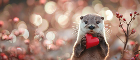 Otter holding heart, wide-eyed, soft focus, dreamy bokeh flowersの素材