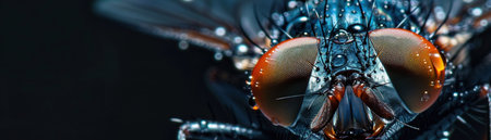 Macro of dew-covered fly, hyper-detailed eyes, nature's patterns, dark contrast.の素材