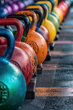 Kettlebell lineup, gym class, colorful weights, shallow focus, strong fitness vibeの素材