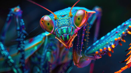 Praying mantis, neon cybernetics, macro shot, vibrant entomology, fluorescent patternsの素材