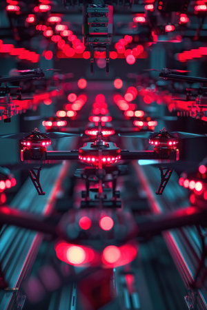 Drone production line, red illuminated UAVs, futuristic manufacture, precision automationの素材