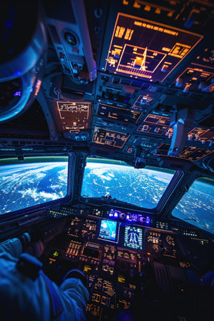 Astronauts at space station cockpit, Earth view, ambient cabin lights, immersive.の素材