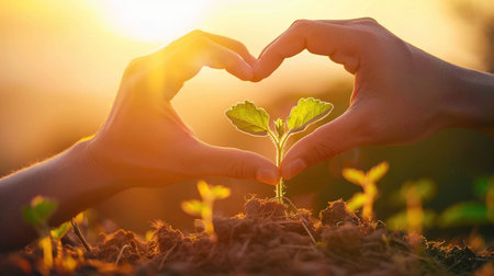 Hands forming heart over sapling, sunrise glow, new life, hope, eco-friendly message.の素材