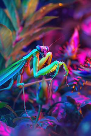 Alien praying mantis, neon jungle, bioluminescent flora, extraterrestrial wildlife conceptの素材