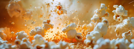 Exploding popcorn, vibrant burst, high speed shot, warm background.の素材