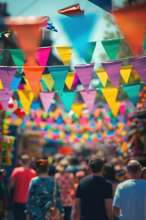 Festival crowd, colorful bunting, soft focus, vibrant street lifeの素材