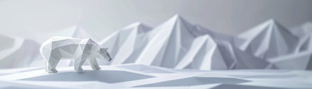 Geometric polar bear on icy landscape, origami art, minimalist white, cold solitude.の素材