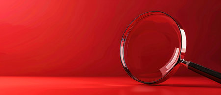 Magnifying glass on red alert, concept for scrutiny, bold contrast, stark background.の素材