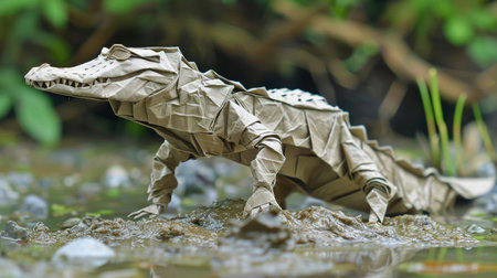 Origami crocodile in mud, paper art meets nature, creative animal representation, lifelike foldsの素材