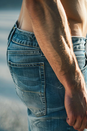 Slim waist jeans fit, side view, natural lightの素材