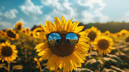 Sunglasses on sunflower field, reflection of sky, summer vibe, golden hour warmth.の素材