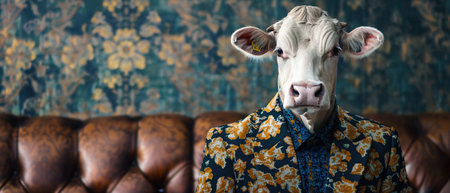 Stylish cow in patterned suit, quirky animal portrait, high fashion, confident gaze.の素材