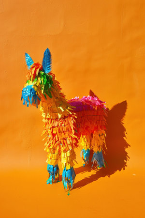 Bright pinata, solid orange backdrop, playful shadow, vibrant Mexican celebration.の素材