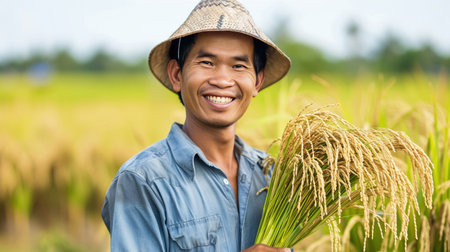 A smiling farmer in a hat proudly holding a bunch of harvested rice in a green paddy field.の素材