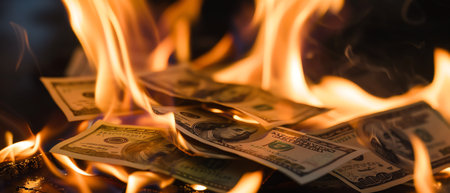 Burning money, intense flames, black background, macro shotの素材