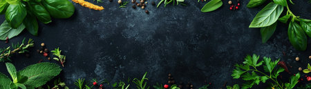Assorted fresh herbs and spices framing dark background, culinary art, top viewの素材