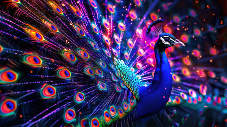 Peacock with digital tail, colorful cyber feathers, dazzling display, vibrant art conceptの素材