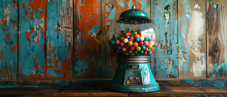 Vintage gumball machine, rustic wall, nostalgic tone.の素材