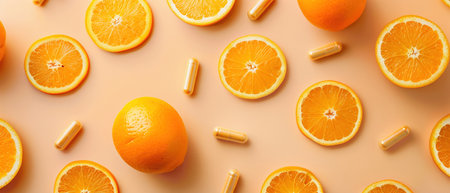 Herbal capsules on orange, clean layout, overhead flat layの素材