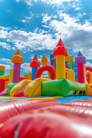 Inflatable castle, bright colors, summer fun, wide shot, blue sky, joyous playtimeの素材