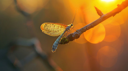 Lacewing on twig, golden hour, translucence, natural simplicity, close-upの素材