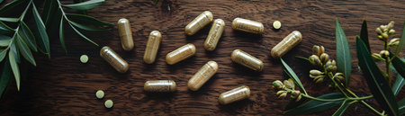 Herbal capsules, wood backdrop, holistic health, natural supplements, flat layの素材