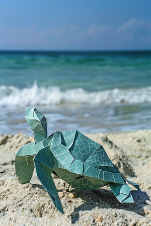 Origami turtle on sandy beach, intricate shell patterns, ocean horizon.の素材