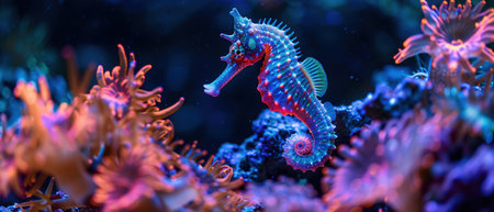Neon seahorse in coral reef, night, macro shotの素材