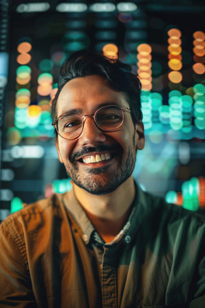 Smiling data analyst, crisp focus, glowing market charts background, soft lighting.の素材