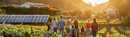 Community solar garden with diverse group of people touring, educational signs, golden hour, close-upの素材