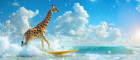 Giraffe on surfboard, playful beach day, blue skies, splashing waves, sunflare, whimsical sceneの素材