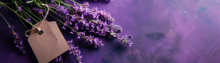 Lavender bouquet with tag, deep purple backdrop, upper left corner placement, soft focus.の素材