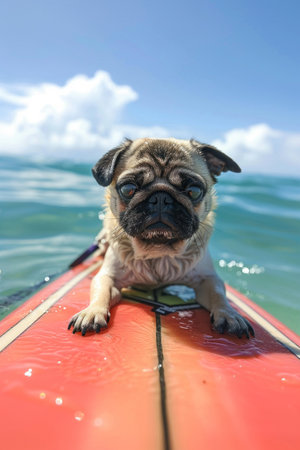 Pug on surfboard, adorable face, ocean adventure, calm waters, horizon view, sun-kissed momentの素材