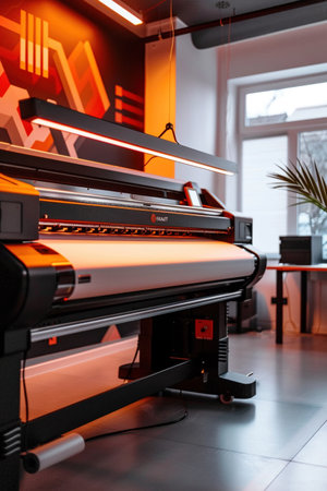 Large format printer, sleek design, modern office backdrop, technology in actionの素材