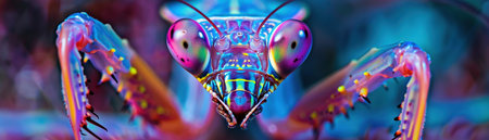 Praying mantis, neon cybernetics, macro shot, vibrant entomology, fluorescent patternsの素材