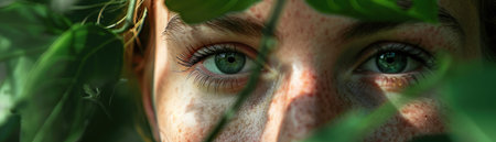Portrait in greenery, soft natural light, close-up, tranquil eyes, leaves patternの素材