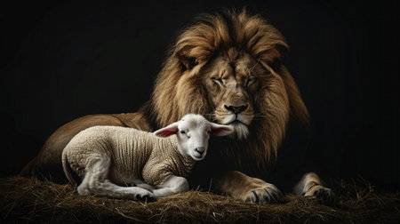 Lion and lamb, stark contrast, symbolic predators' peace, dark backgroundの素材