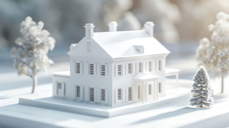 Stark white house model, soft shadows, serene backdrop, midday light, high angleの素材