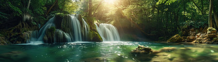 Tranquil forest waterfall, panoramic, sunlight through trees, soft flowing waterの素材