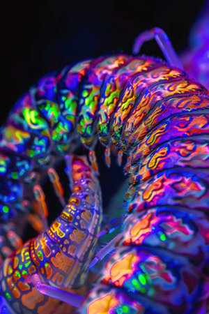 Millipede in neon, glowing patterns, abstract natural art, vibrant, macro detailの素材