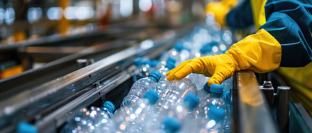 Conveyor belt, plastic bottles, yellow gloved hand, industrial sorting, clear focusの素材