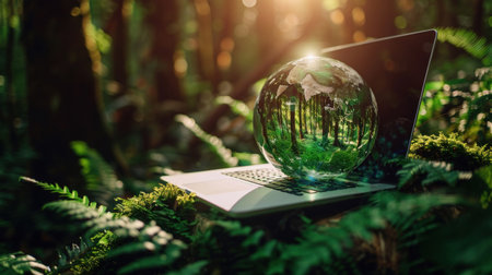 A glowing globe resting on an open laptop in a lush forest, symbolizing environmental awareness.の素材