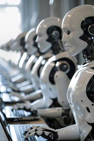 A lineup of humanoid robots operating laptops, a glance into the future of artificial intelligence in workplaces.の素材